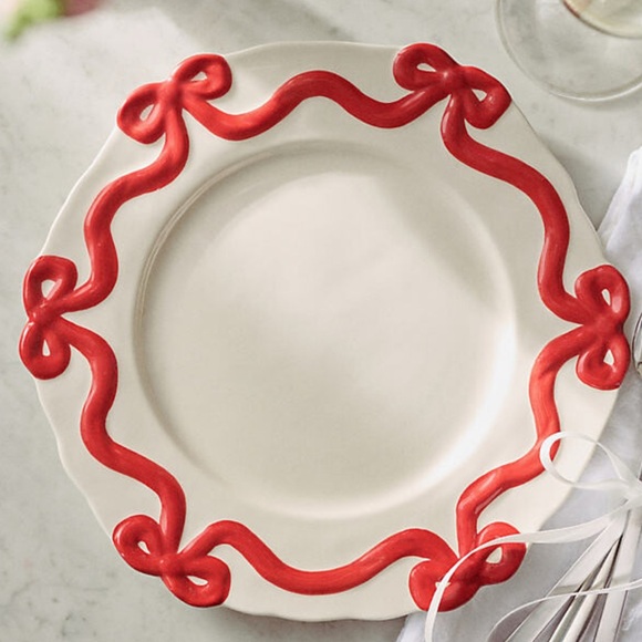 Set of 4 Red Anthropologie Benedita Bow Stoneware Dinner Plates